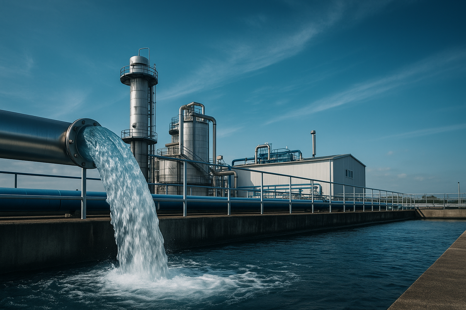 Industrial wastewater treatment system with clean blue water flow, modern eco-friendly technology.