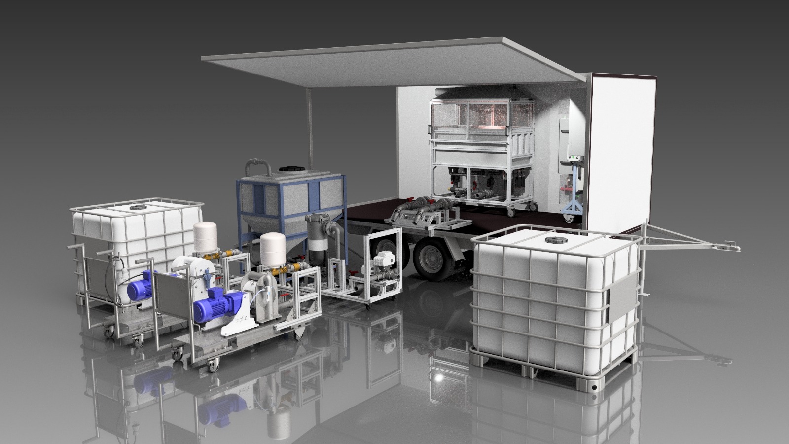 Mobile industrial water treatment system with modular tanks and filtration units inside a transport container