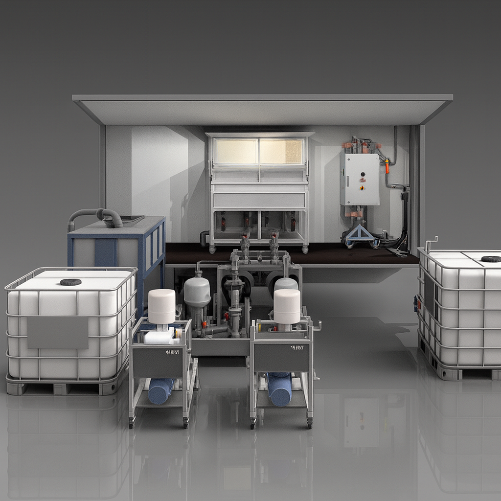 D-rendered front view of an advanced modular industrial wastewater recycling system with tanks, pumps, and filtration units in a clean, high-tech environment.