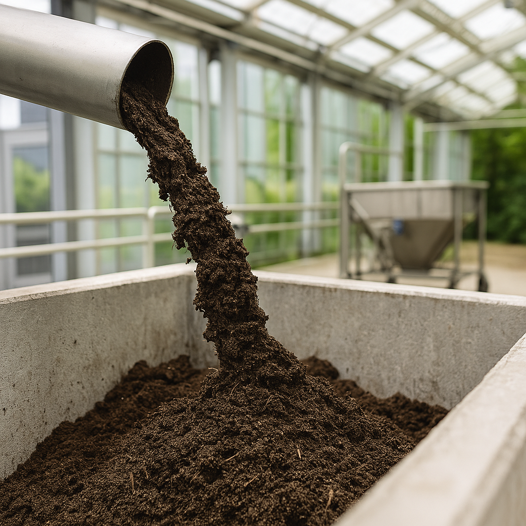 ndustrial compost-like recycled material being processed through a metallic pipe in a clean, modern facility, symbolizing sustainable raw material recovery.